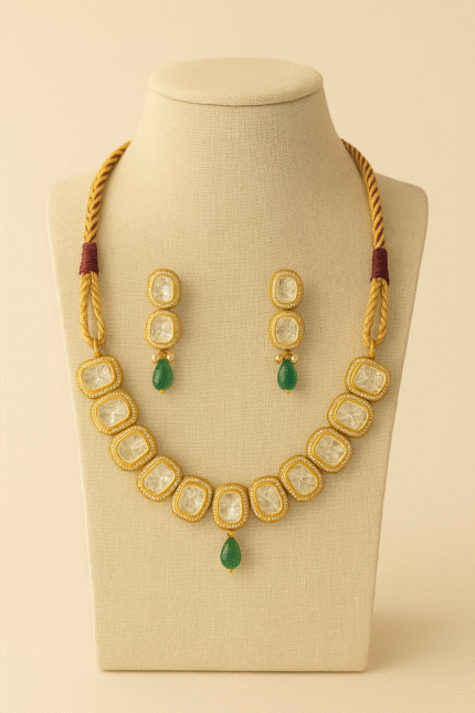 Classic Kundan Choker Necklace Set with Emerald Drops
