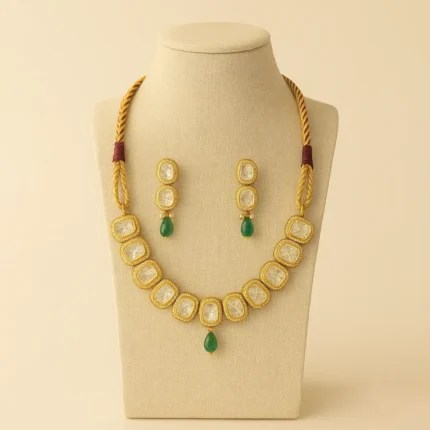 Classic Kundan Choker Necklace Set with Emerald Drops