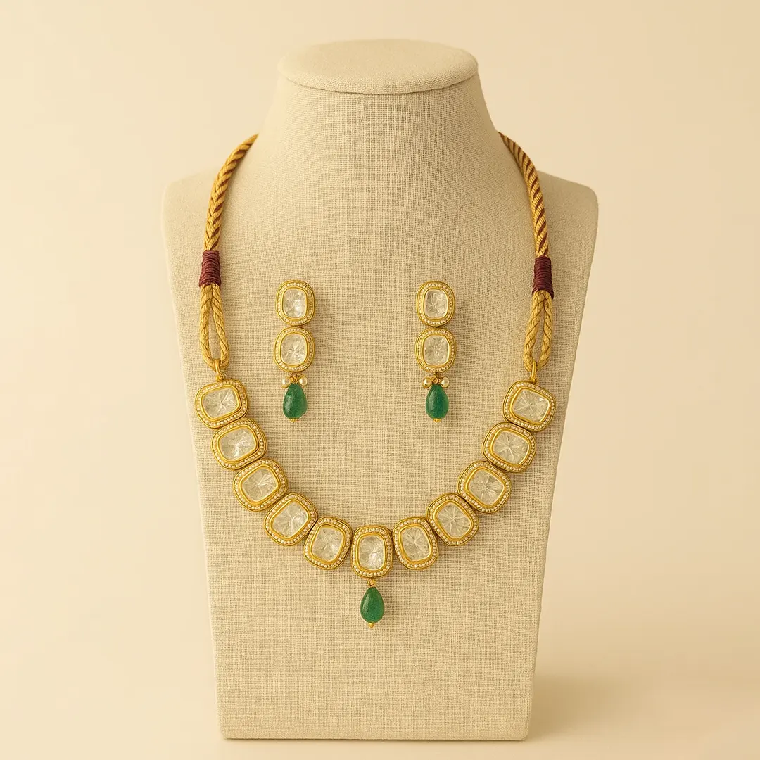 Classic Kundan Choker Necklace Set with Emerald Drops Classic Kundan Choker Necklace Set with Emerald Drops - Image 1