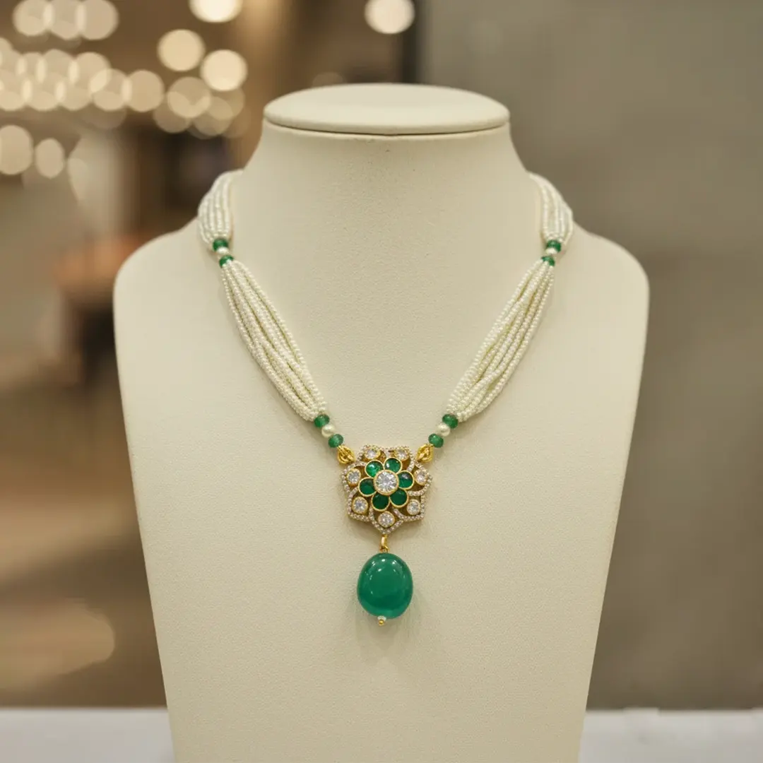 Elegant Multi-Strand Pearl and Emerald Floral Necklace Elegant Multi-Strand Pearl and Emerald Floral Necklace - Image 1