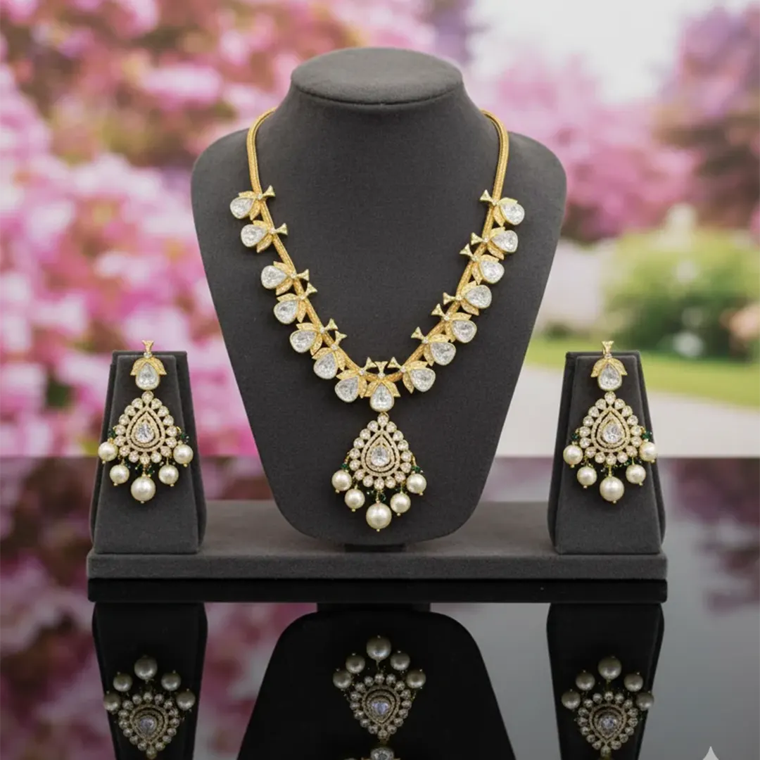 Elegant Polki-Style Kite Stone Necklace Set with Pearl Drops & Gold Finish Elegant Polki-Style Kite Stone Necklace Set with Pearl Drops & Gold Finish - Image 1
