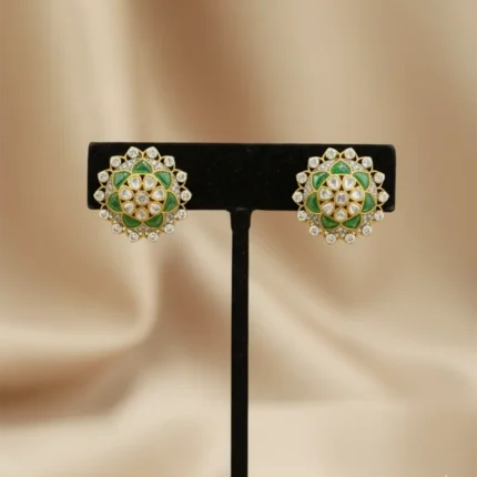 Emerald Green & Polki-Style Floral Stud Earrings