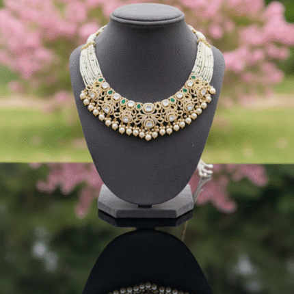 Pearl and Kundan Choker Necklace with Emerald Accents & Gold Finish