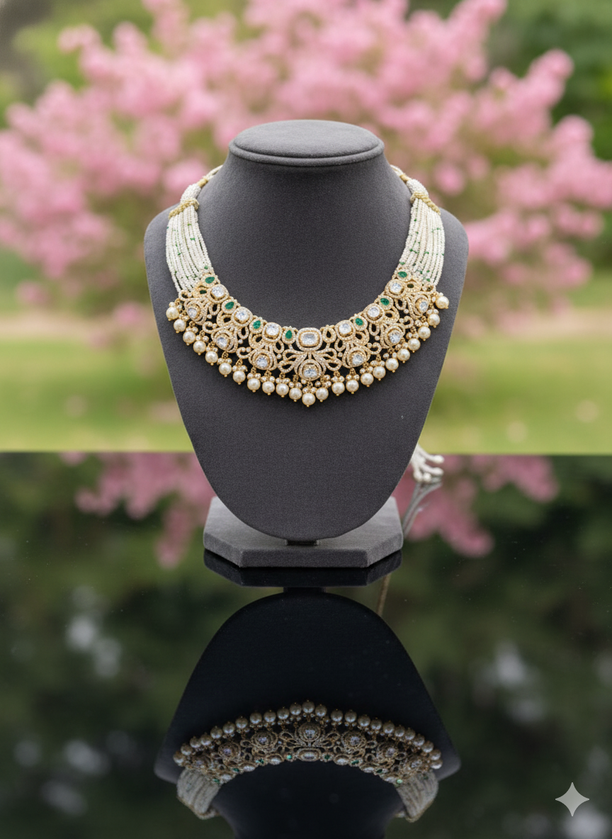 Gemini_Generated_Image_1j8irq1j8irq1j8i Pearl and Kundan Choker Necklace with Emerald Accents & Gold Finish - Image 1