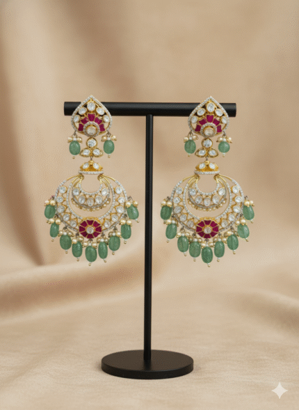 Emerald & Ruby Chandbali Earrings with Polki-Style Brilliance