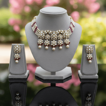 Regal Kundan Polki Choker Set with Multi-Strand Pearls & Ruby Drops
