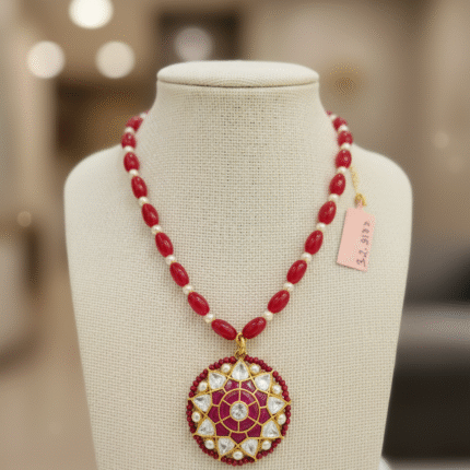 Mesmerizing Ruby Bead and Kundan-Style Floral Pendant Necklace