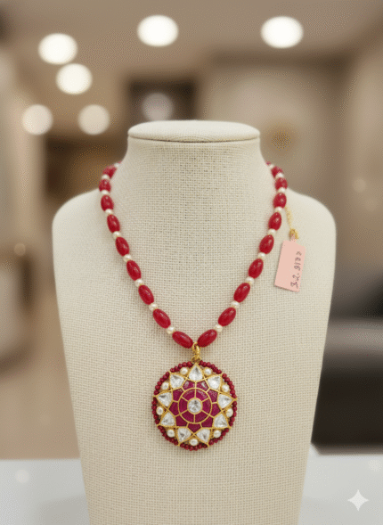 Mesmerizing Ruby Bead and Kundan-Style Floral Pendant Necklace