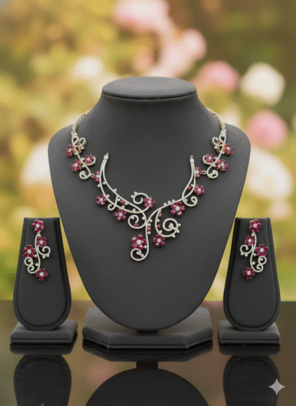 Elegant Gold-Plated Silver Floral Necklace Set with Ruby Red Stones