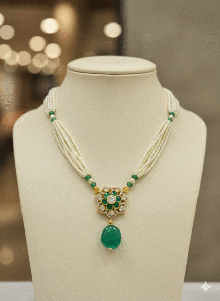 Elegant Multi-Strand Pearl and Emerald Floral Necklace