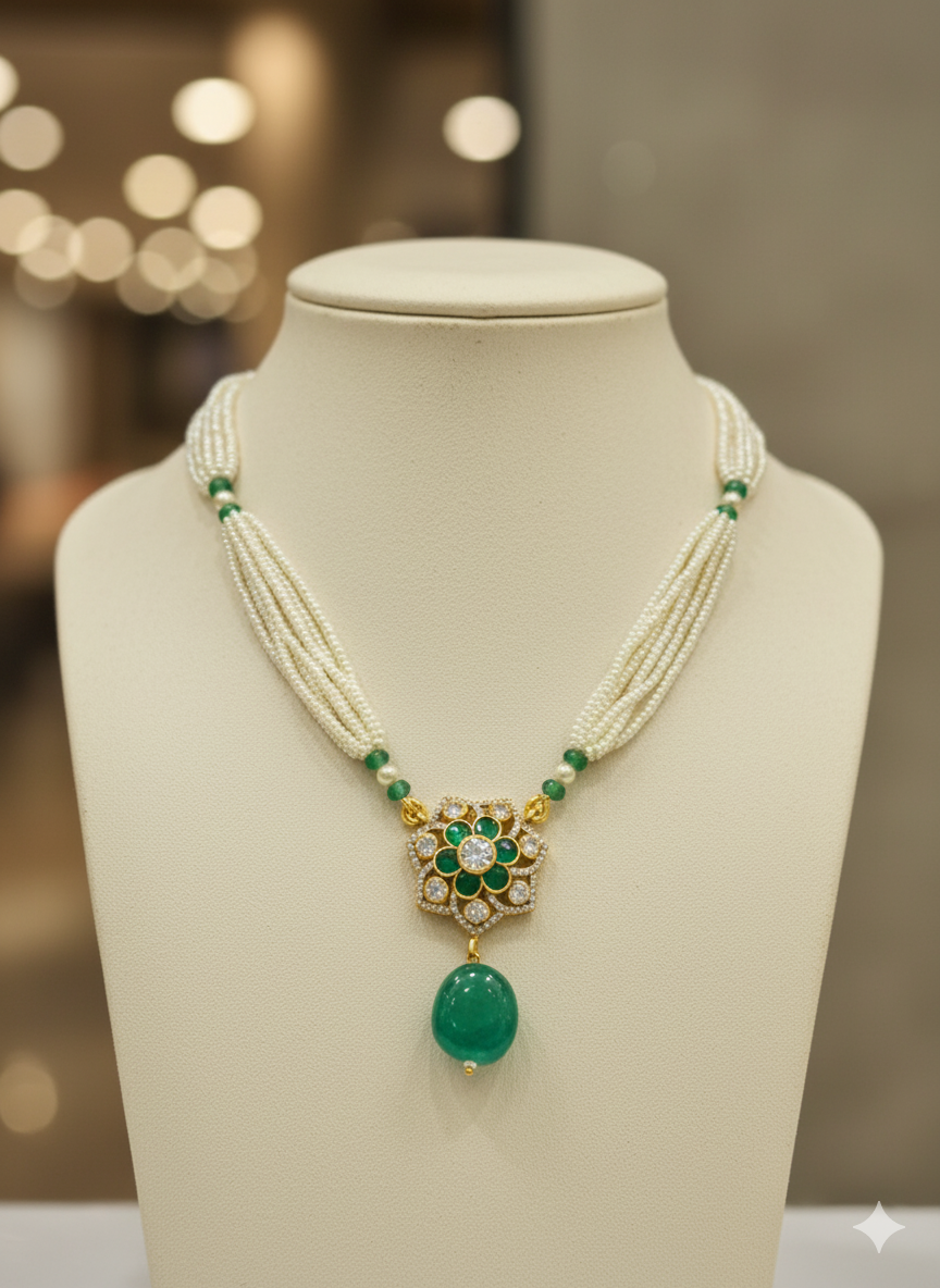 Gemini_Generated_Image_8et2t78et2t78et2 Elegant Multi-Strand Pearl and Emerald Floral Necklace - Image 1