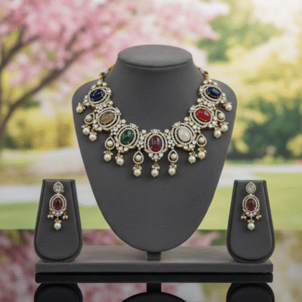 Regal Navratna Polki Choker Set with Multi-Colored Stones & Pearl Drops