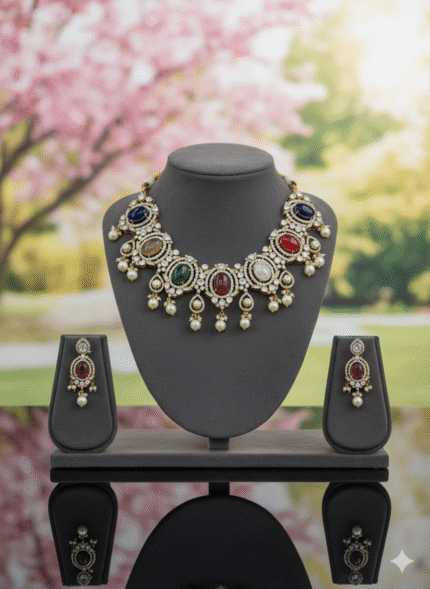 Regal Navratna Polki Choker Set with Multi-Colored Stones & Pearl Drops