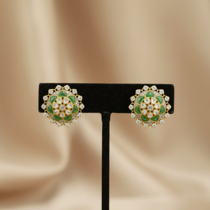 Emerald Green & Polki-Style Floral Stud Earrings