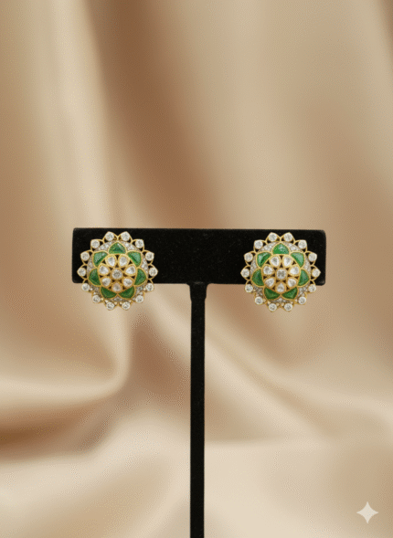 Emerald Green & Polki-Style Floral Stud Earrings