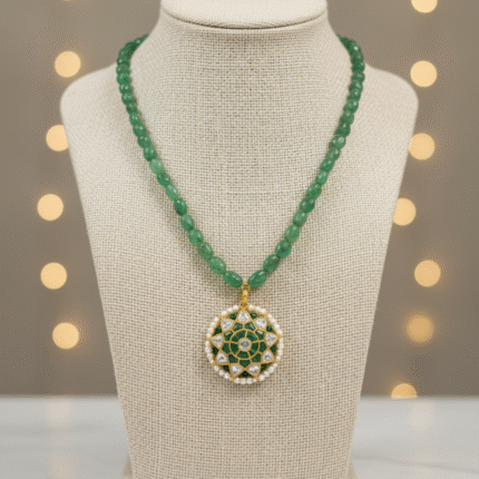 Regal Emerald Bead and Kundan Floral Pendant Necklace
