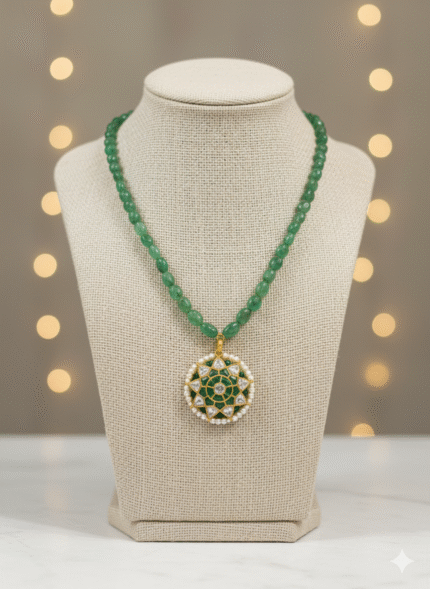 Regal Emerald Bead and Kundan Floral Pendant Necklace