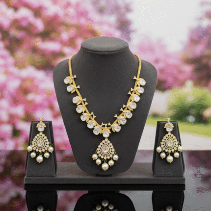 Elegant Polki-Style Kite Stone Necklace Set with Pearl Drops & Gold Finish