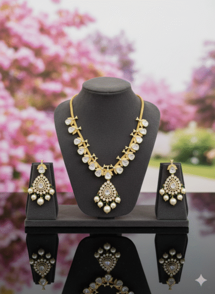 Elegant Polki-Style Kite Stone Necklace Set with Pearl Drops & Gold Finish