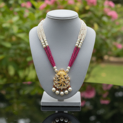 Traditional Gold-Plated Temple Pendant Necklace with Ruby Beads & Pearls