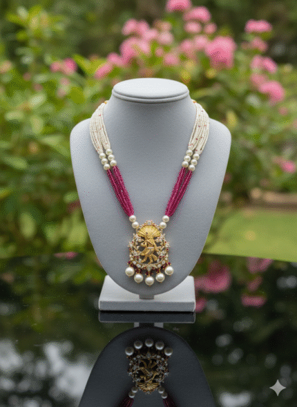 Traditional Gold-Plated Temple Pendant Necklace with Ruby Beads & Pearls
