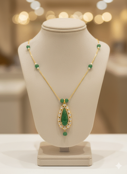 Exquisite Carved Emerald & Uncut Stone Drop Necklace