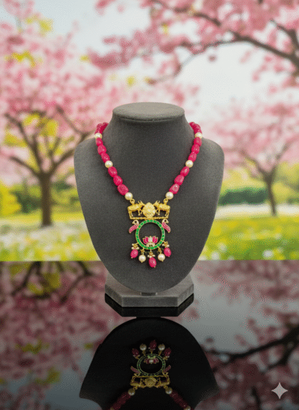 Traditional Gold-Plated Ruby Bead Necklace with Lotus Temple Pendant