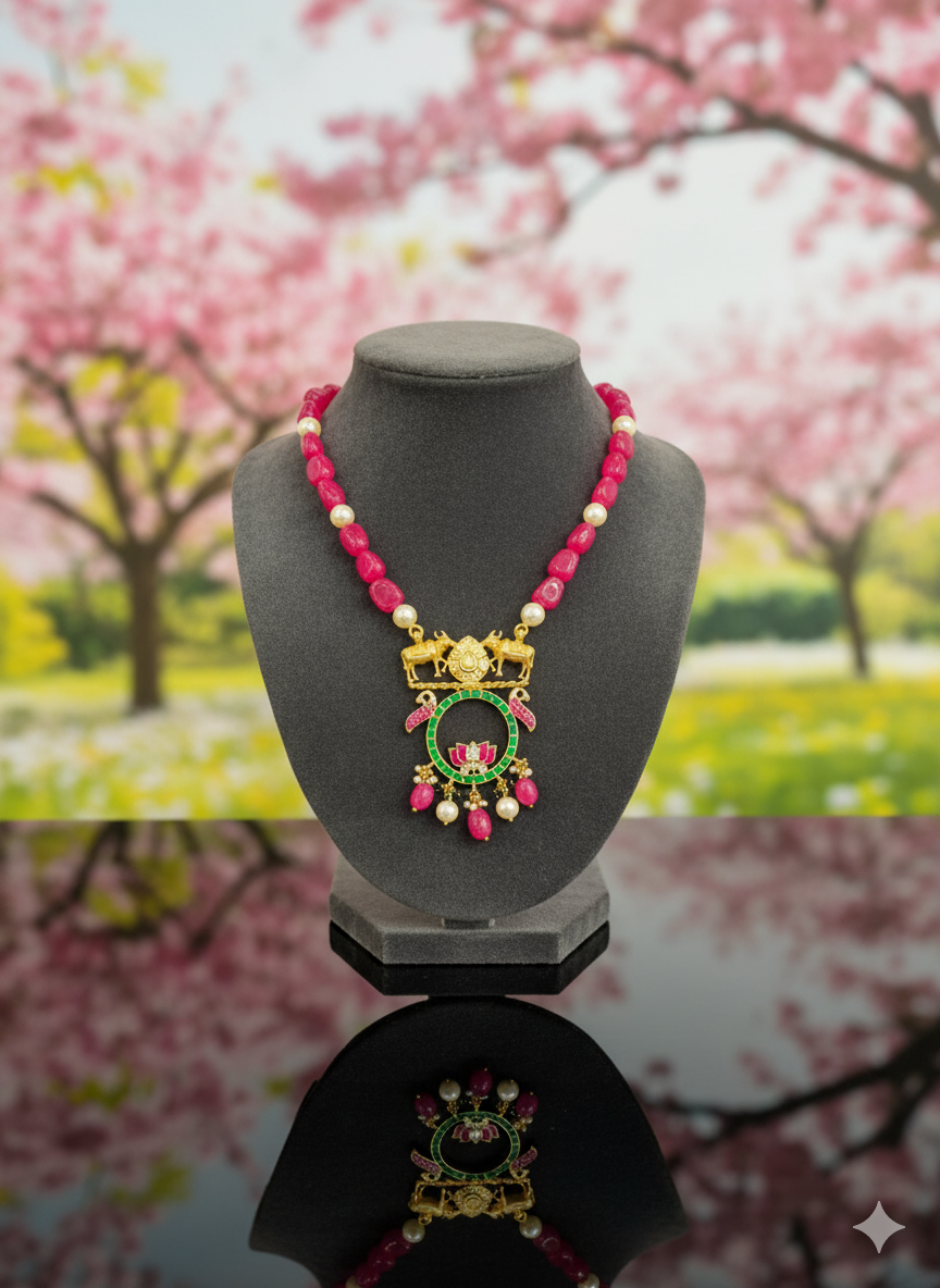 Gemini_Generated_Image_v1c6l0v1c6l0v1c6 Traditional Gold-Plated Ruby Bead Necklace with Lotus Temple Pendant - Image 1