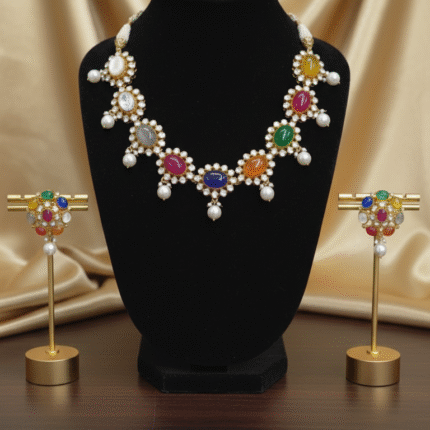 Regal Navratna & Pearl Cluster Jewelry Set