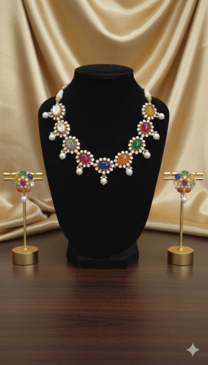 Regal Navratna & Pearl Cluster Jewelry Set