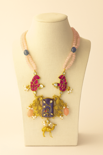 Royal Peacock & Camel Motif Jadau Necklace – Handcrafted Silver Antique Jewellery