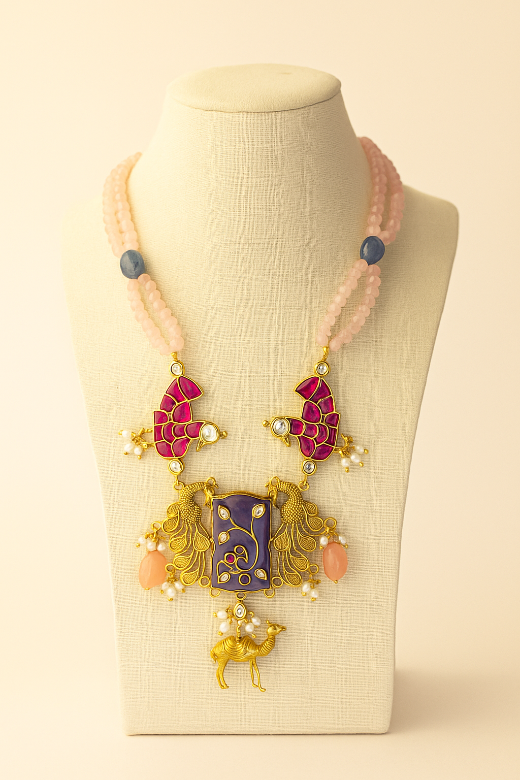 Intricate Indian Necklace on Bust Stand Royal Peacock & Camel Motif Jadau Necklace – Handcrafted Silver Antique Jewellery - Image 1