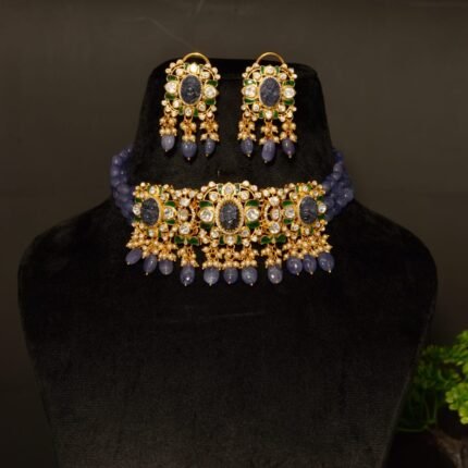 The "Sapphire Petal" Polki & Blue Bead Choker Set