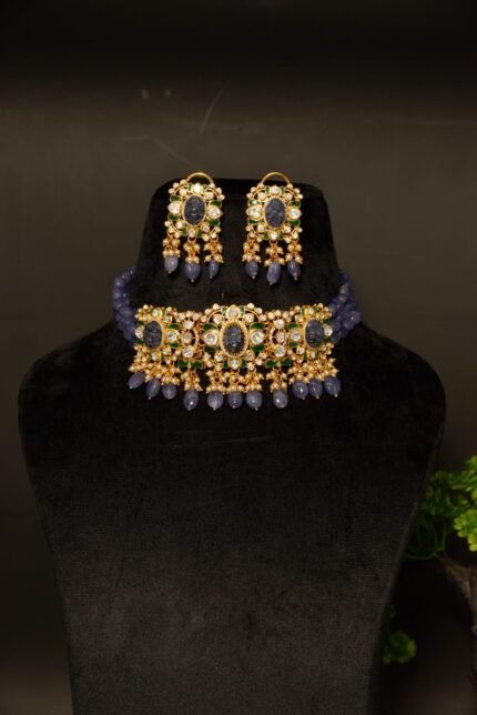 The "Sapphire Petal" Polki & Blue Bead Choker Set