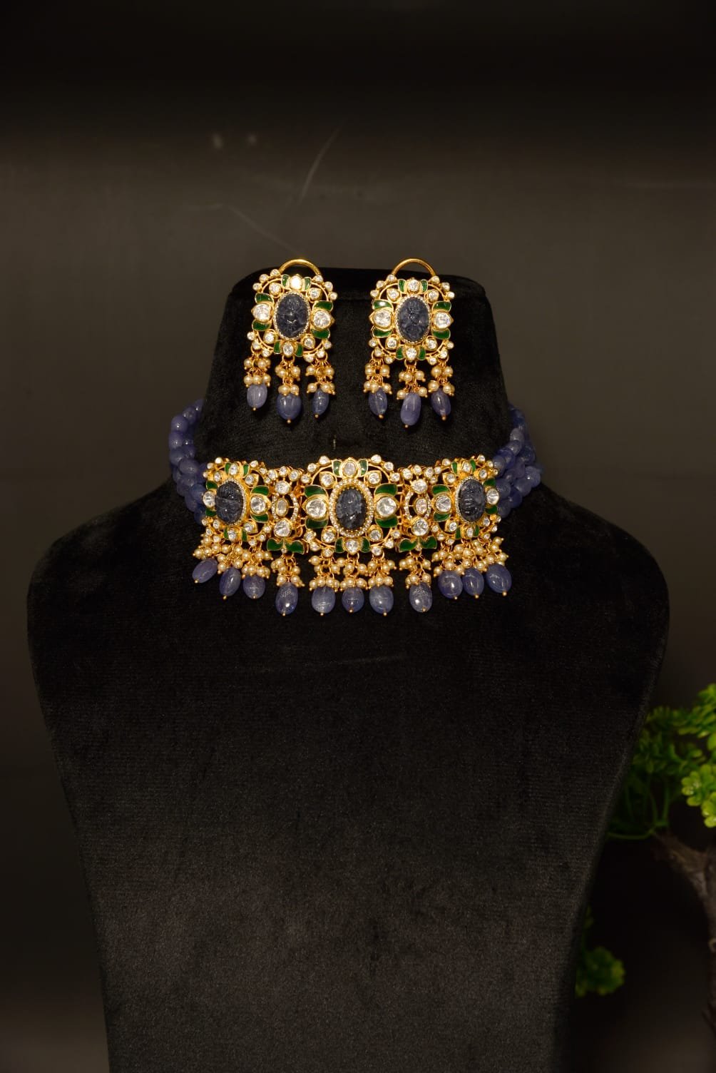 WhatsApp Image 2025-10-27 at 3.11.41 PM (1) The "Sapphire Petal" Polki & Blue Bead Choker Set - Image 1