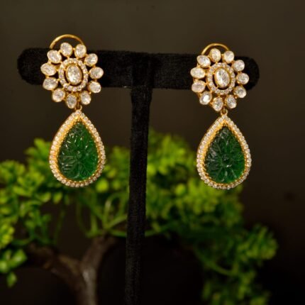 The "Carved Emerald Teardrop" Polki Earrings