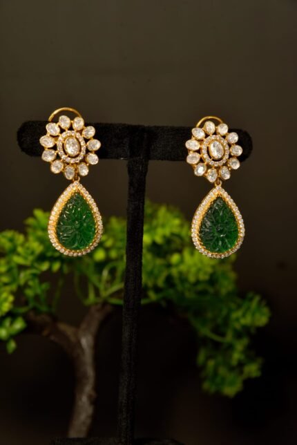 The "Carved Emerald Teardrop" Polki Earrings