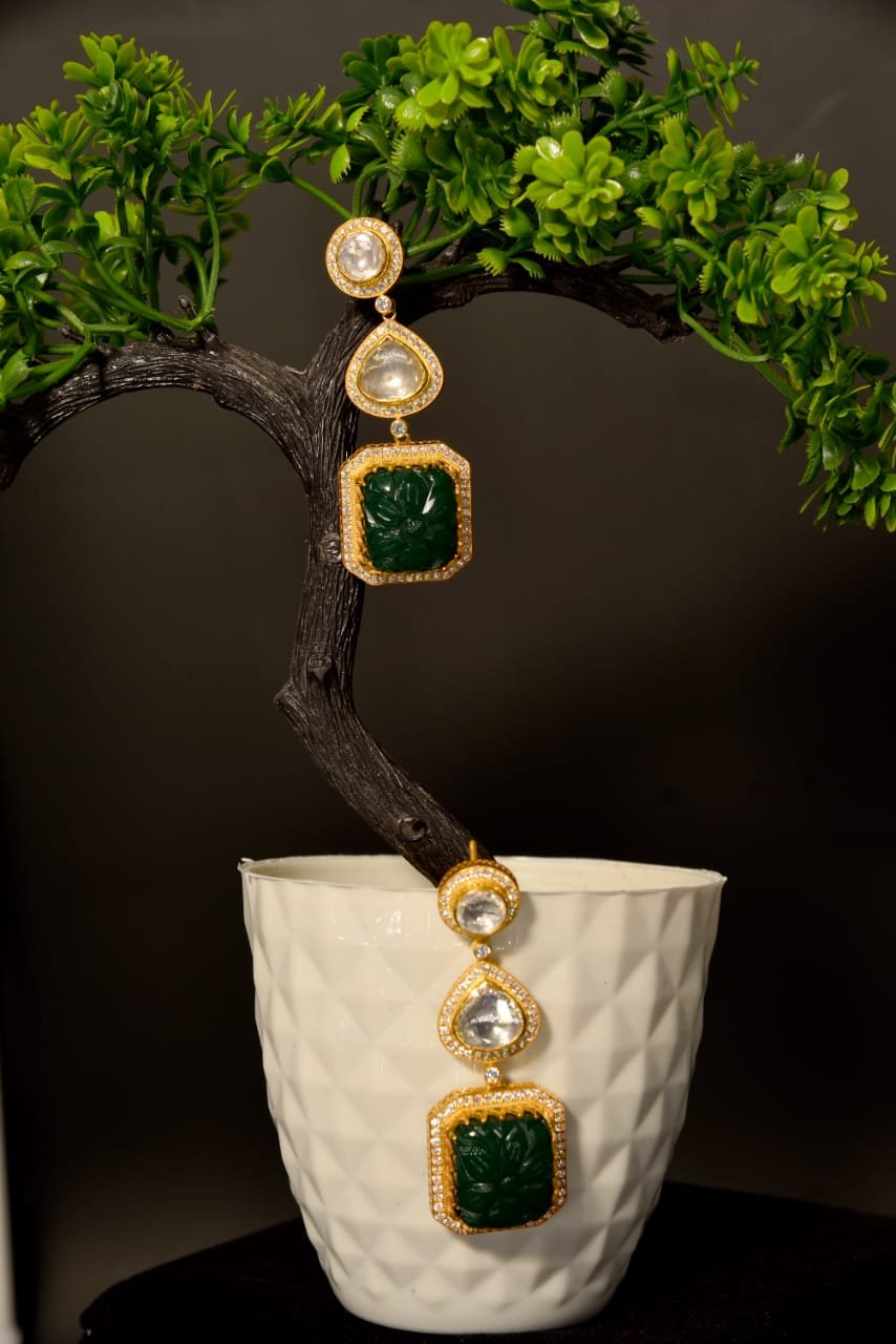 WhatsApp Image 2025-10-27 at 3.11.43 PM (2) The "Regal Geometrics" Long Polki & Carved Green Earrings - Image 1